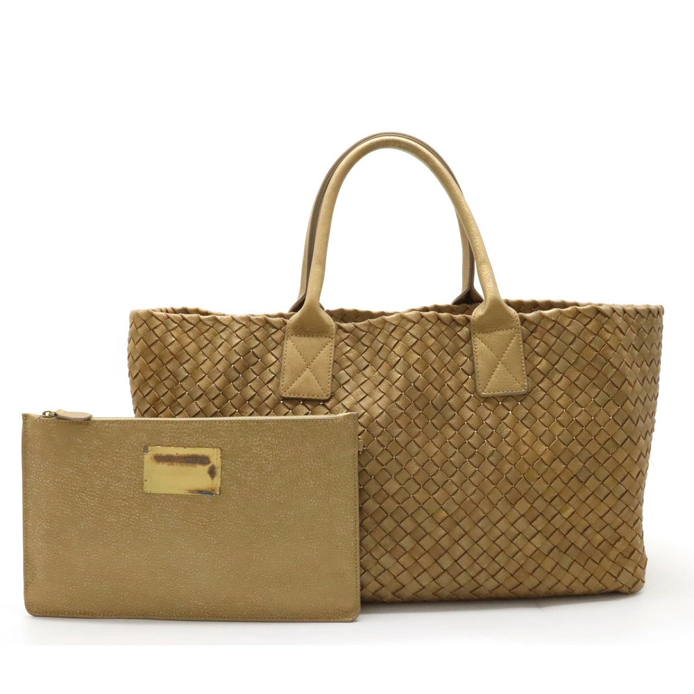BOTTEGA VENETA Intrecciato Cabas Tote Bag Leather Metallic Gold Pouch